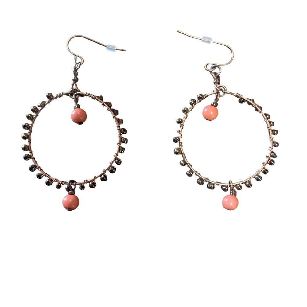 Avon Beaded Hoop Earrings Copper Color Coral Bead Drop Dangle Women's